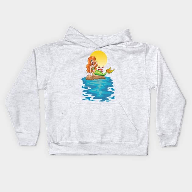 Mermaid and Friend beneath a Yellow Moon Kids Hoodie by Lines